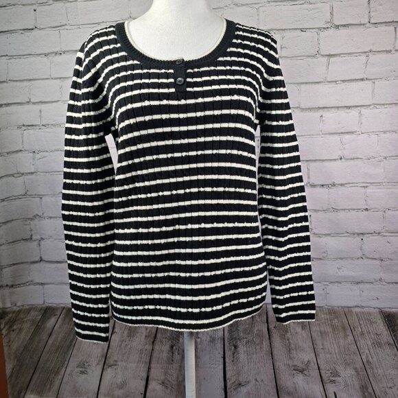 LIZ CLAIBORNE CREW NECK RIBBED STRIPPED SWEATER BLACK AND WHITE WOMENS LARGE - Picture 1 of 8